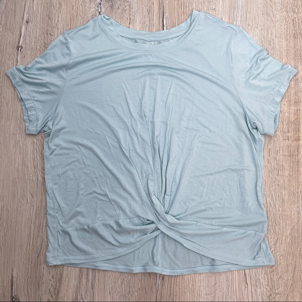 Zella Blue Short Sleeve Twist Front Top Sz Large - Picture 9 of 13